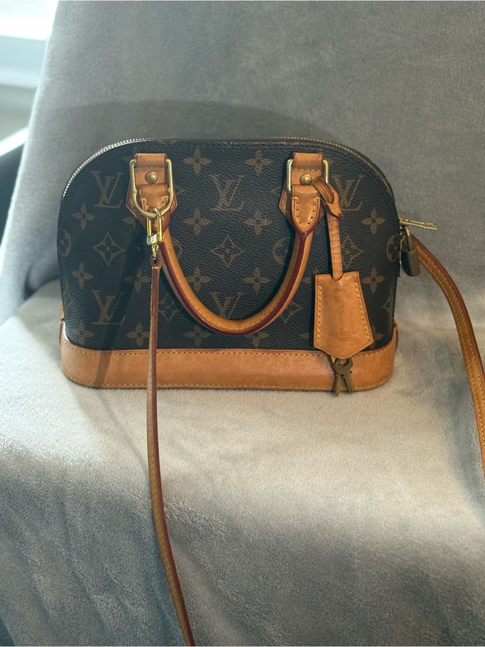 Louis Vuitton Brown Monogram Alma Satchel with Tan Trim